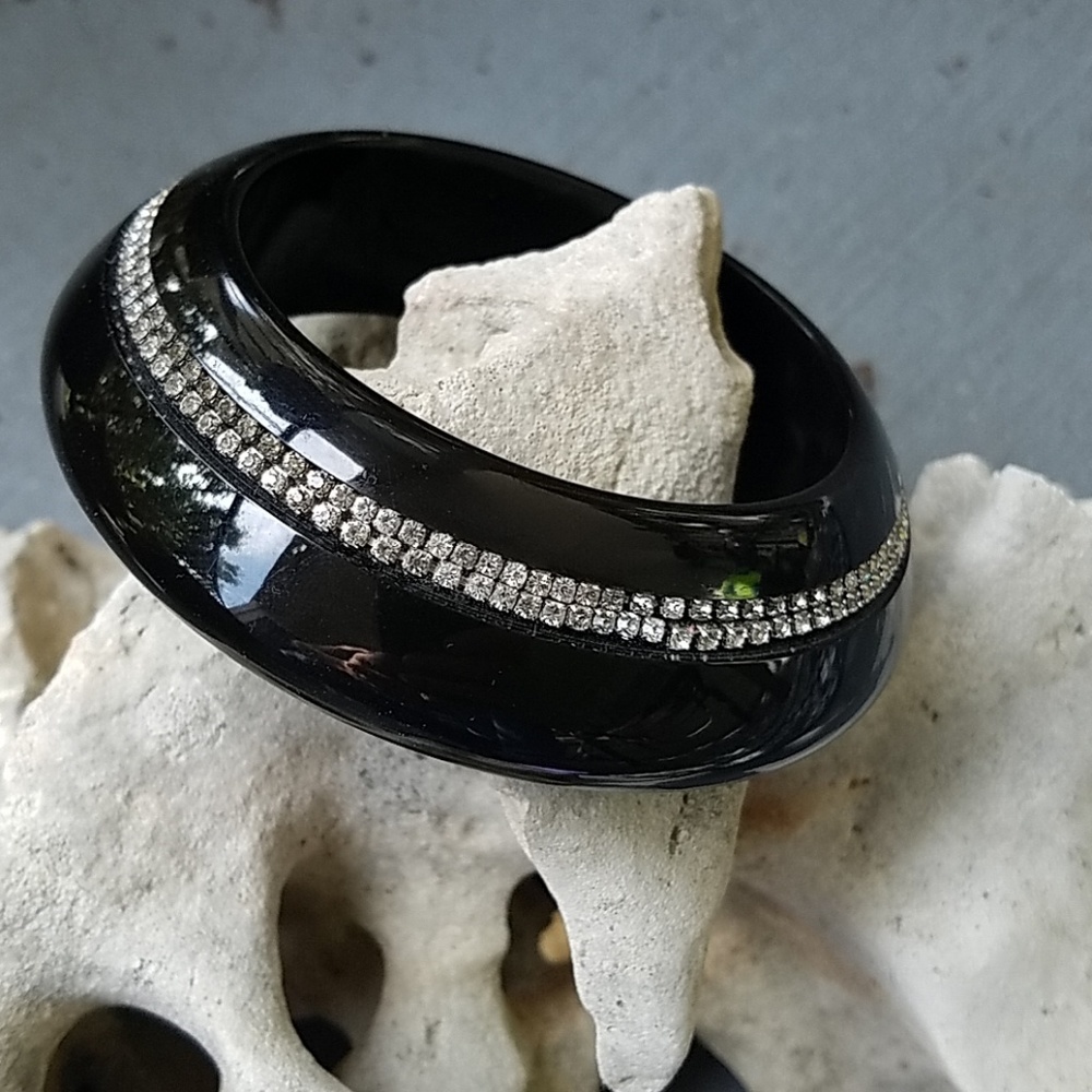 Vintage Black Lucite Rhinestone Huge Saucer Bangle Bracelet